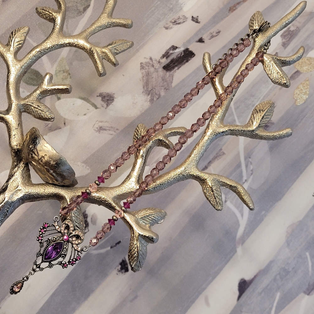 1928 Purple & Pink Crystals Ornate Pendant Sparkling Glass Beaded Necklace - Picture 4 of 16
